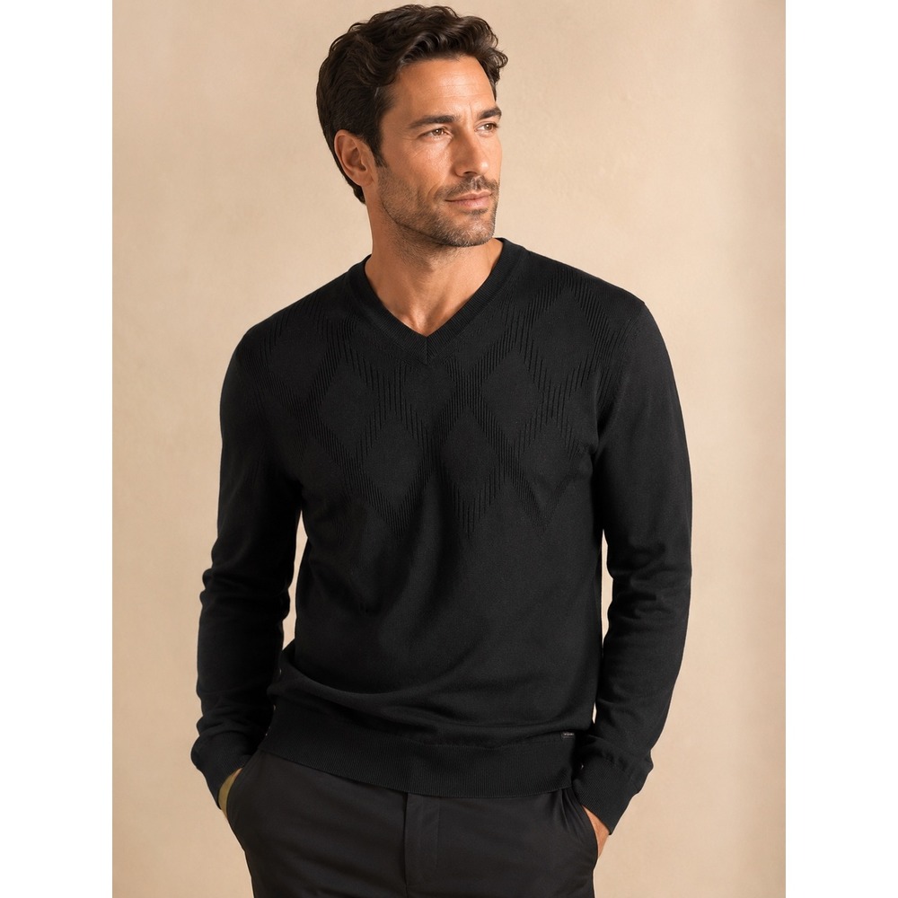 Hugo Boss Men's Black V-Neck Textured Argyle Pullover Sweater Slim Fit Sz XL